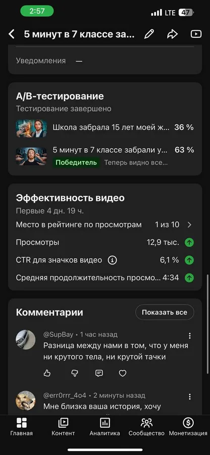 A/B-тест обложек к ролику «5 минут в 7 классе»: моя выиграла 63% против 36%, CTR 6,1%, 1-е место из 10 по просмотрам